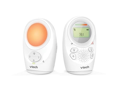 VTech DM1211 audio baby monitor with long range, 2-way talk, noise level display, temperature sensor, soothing sounds, and belt clip.