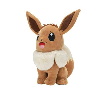 12-inch Pokémon Eevee plush featuring soft fabric and authentic details, posed cutely with big ears and a fluffy tail.