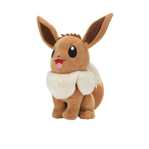 12-inch Pokémon Eevee plush featuring soft fabric and authentic details, posed cutely with big ears and a fluffy tail.