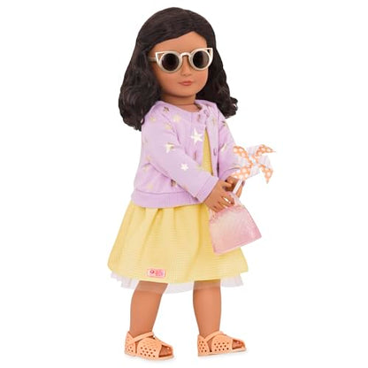 Our Generation 18-inch doll summer dress with sunny day accessories, featuring vibrant colors and playful designs.