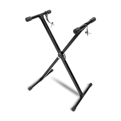 Alesis Melody 61 keyboard piano with 61 keys, built-in speakers, stand, bench, headphones, and tablet/music stand for beginners.