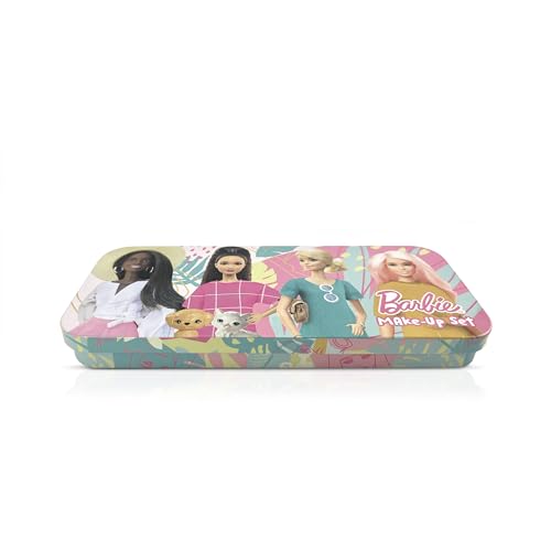 Barbie Make-Up Collection keepsake tin with children's makeup and accessories for girls, featuring colorful packaging and playful design.