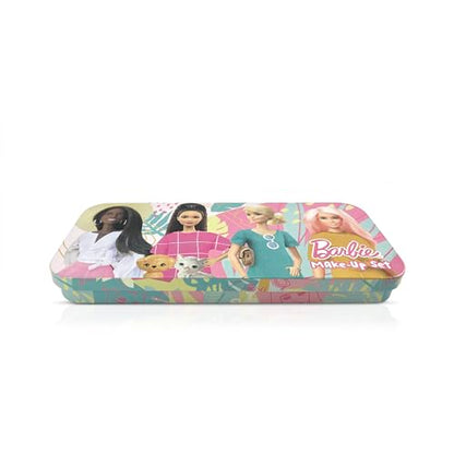 Barbie Make-Up Collection keepsake tin with children's makeup and accessories for girls, featuring colorful packaging and playful design.