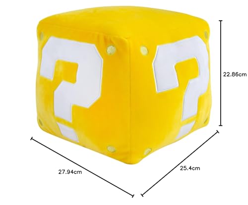 Club Mocchi Mocchi Super Mario Question Mark Block Mega Plush toy, 15-inch soft plush with Mario movie and video game design.