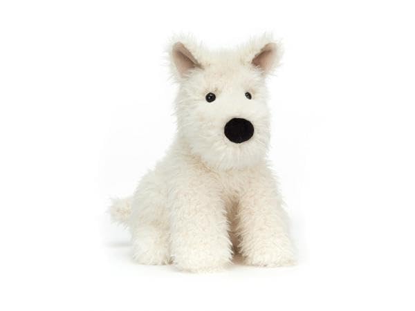 Jellycat Munro Scottie Dog plush toy, 18 cm long, featuring a soft texture and adorable design in a standing position.