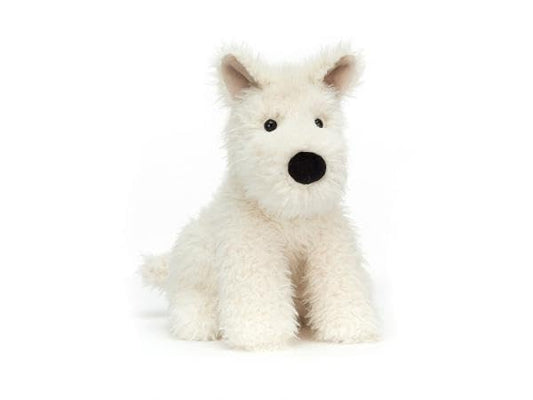 Jellycat Munro Scottie Dog plush toy, 18 cm long, featuring a soft texture and adorable design in a standing position.