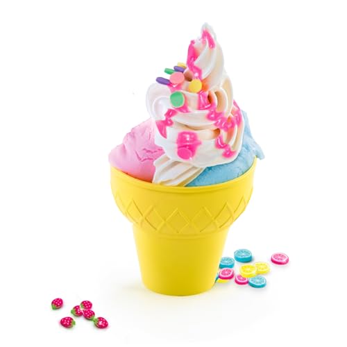 Pink fluffy slime sundae with colorful decorations and accessories from So Slime DIY Fluffy Ice Cream Factory, safe for ages 6+