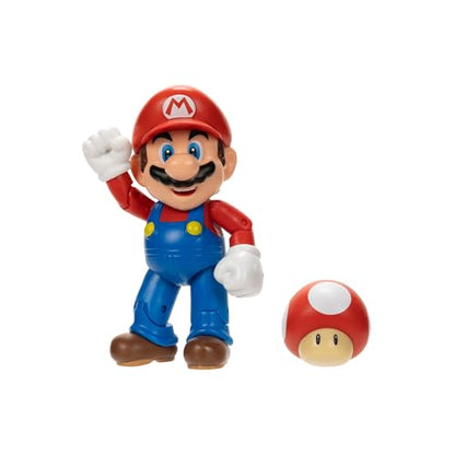 Super Mario 4-inch poseable figure by Super Mario with Power-up Mushroom accessory, suitable for ages 3 and up.