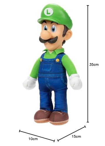 Nintendo Super Mario Bros. Luigi plush, fully articulated poseable figure with realistic eyes and detailed 3D outfit, 14 inches tall.