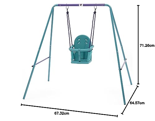 Plum 2-in-1 growable garden swing set with two interchangeable seats, sturdy steel frame, suitable for babies and children outdoors.