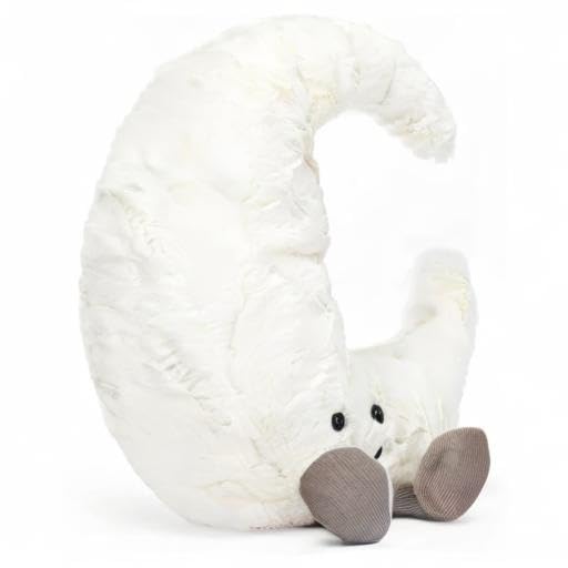Jellycat white crescent moon plush decoration with soft fabric and cute face, perfect for nursery decor or cuddling.