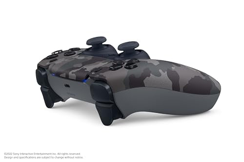 Sony PlayStation 5 DualSense wireless controller in gray camouflage design, featuring ergonomic buttons and textured grips.
