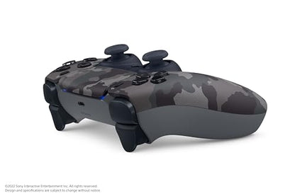 Sony PlayStation 5 DualSense wireless controller in gray camouflage design, featuring ergonomic buttons and textured grips.