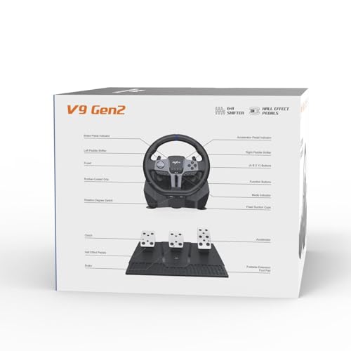 PXN V9 Gen2 Gaming Steering Wheel with Pedals and Shifter - 270°|900° Racing Wheel, Vibration Feedback, Hall Effect Pedal, Paddle Shifters, Tools APP - Steering Wheel for PC, PS3, PS4, Xbox