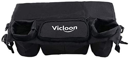 Black Vicloon baby stroller organizer with zippered pocket, cup holder, and bottle pouch attached to a stroller handle.