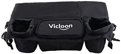Black Vicloon baby stroller organizer with zippered pocket, cup holder, and bottle pouch attached to a stroller handle.