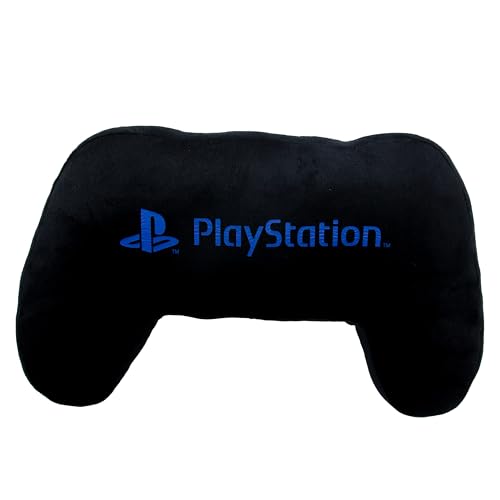 PlayStation officially licensed black controller-shaped plush cushion pillow with glow-in-the-dark features for gaming and bedroom décor.