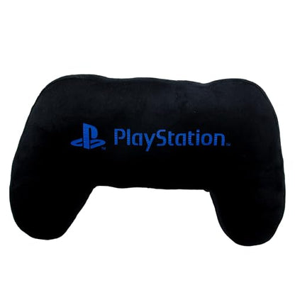 PlayStation officially licensed black controller-shaped plush cushion pillow with glow-in-the-dark features for gaming and bedroom décor.