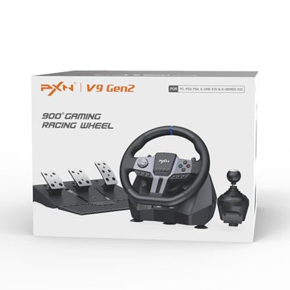 PXN V9 Gen2 Gaming Steering Wheel with Pedals and Shifter - 270°|900° Racing Wheel, Vibration Feedback, Hall Effect Pedal, Paddle Shifters, Tools APP - Steering Wheel for PC, PS3, PS4, Xbox