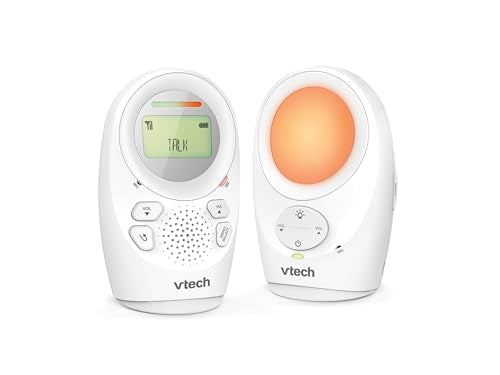 VTech DM1211 audio baby monitor with parent unit, long range, 2-way talk, noise level display, temperature sensor, and soothing sounds