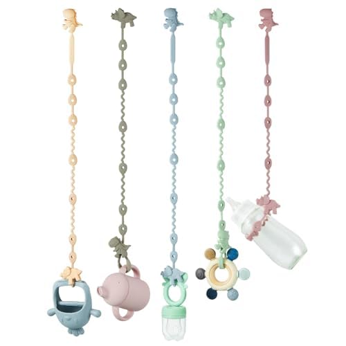 PandaEar silicone toy straps for babies, 5-pack dinosaur-themed adjustable pacifier and teether holder clips for bottles and strollers