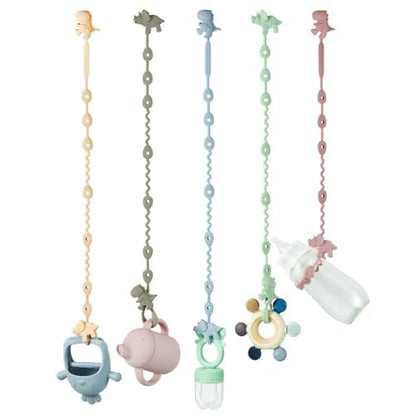 PandaEar silicone toy straps for babies, 5-pack dinosaur-themed adjustable pacifier and teether holder clips for bottles and strollers