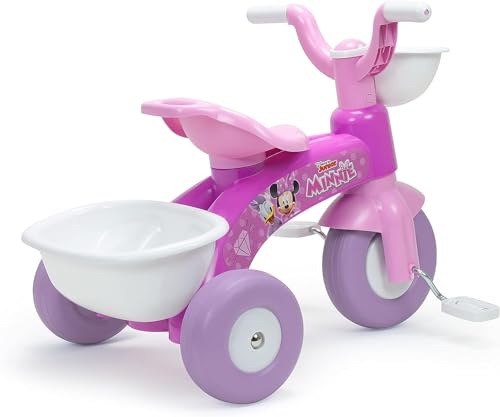Pink Disney Minnie Mouse kids tricycle for ages 1-3, with front and back storage baskets, suitable for toddlers up to 25kg.