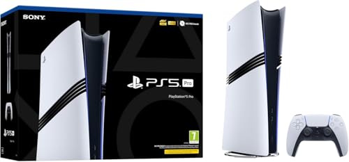 PlayStation 5 Pro gaming console with sleek black design and modern digital interface, standing on a white background.