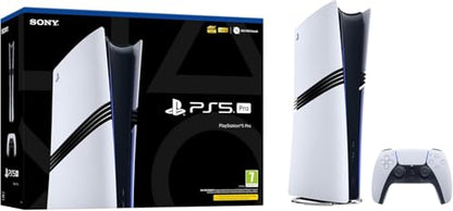 PlayStation 5 Pro gaming console with sleek black design and modern digital interface, standing on a white background.