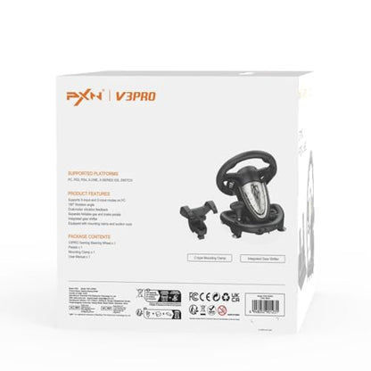PXN V3 Pro Gaming Steering Wheel with Pedals - 180° Wheel, Vibration Feedback, Integrated-Shifter, Paddle Shifters - Steering Wheel for PC, PS3, PS4, Xbox and Switch - Black