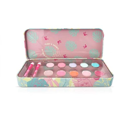 Barbie Make-Up Collection keepsake tin with children's makeup set for girls, featuring colorful cosmetic items and Barbie branding.
