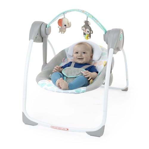 Bright Starts, Whimsical Wild Portable Compact Automatic Baby Swing with Music and Taggies, Removable Toy Bar with 2 Toys, Reclinable, 5 Point Harness, Newborn and up