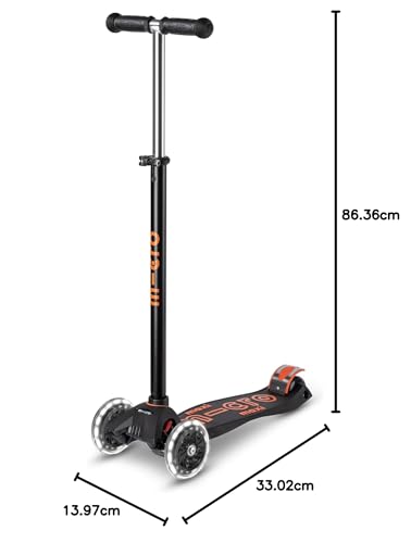 Micro Scooters | Maxi Micro LED Deluxe Children's Scooter | Big Wheels | Handlebar Adjustable | 5-12yrs | Boys & Girls | Black