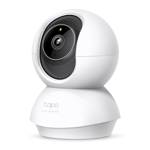 Tapo C230 3K 5MP indoor security camera showing pan/tilt 360° view, night vision, two-way audio, and AI detection features.