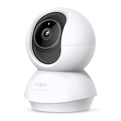Tapo C230 3K 5MP indoor security camera showing pan/tilt 360° view, night vision, two-way audio, and AI detection features.