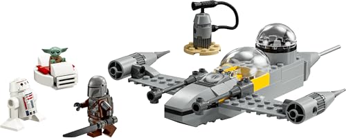 LEGO Star Wars 75410 set featuring Mando, Grogu, R5-D4, N-1 Starfighter, and a brick-built fueling station playset.