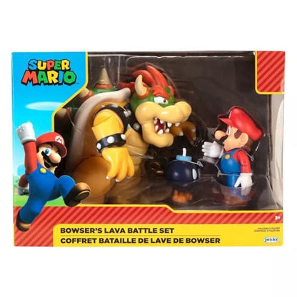 Nintendo Mario vs. Bowser lava battle playset with articulated Mario, Bowser, and Bom-Omb figures for kids aged 3+.