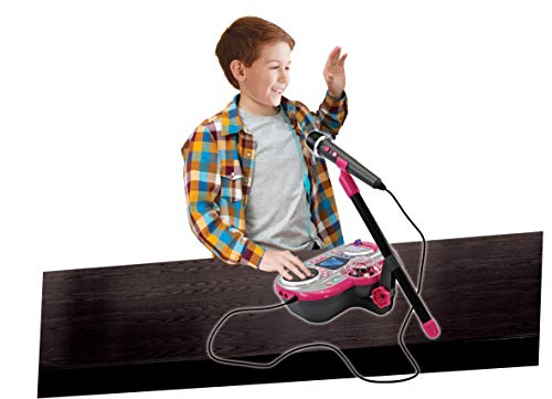 VTech Kidi Super Star DJ microphone toy with adjustable stand, colorful disco light, songs, sound effects, and game features for kids.