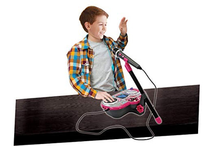 VTech Kidi Super Star DJ microphone toy with adjustable stand, colorful disco light, songs, sound effects, and game features for kids.