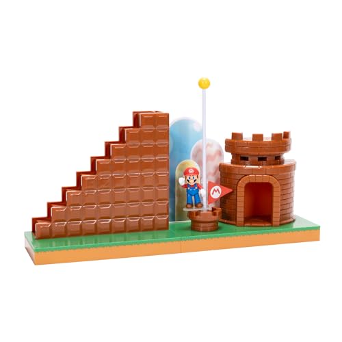 Super Mario 2.5-inch playset by JAKKS Pacific with mini Mario, castle, stairs, flagpole, and base platform for interactive play.