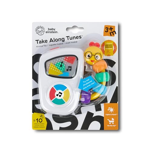 Baby Einstein Take Along Tunes musical toy with lights, beads, volume control, and 10 melodies for infants ages 3 months and up.