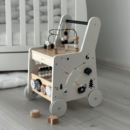 Mamabrum wooden baby walker with wheels, featuring shape sorter, bead maze, gears, abacus, and stacking blocks for 12+ months.