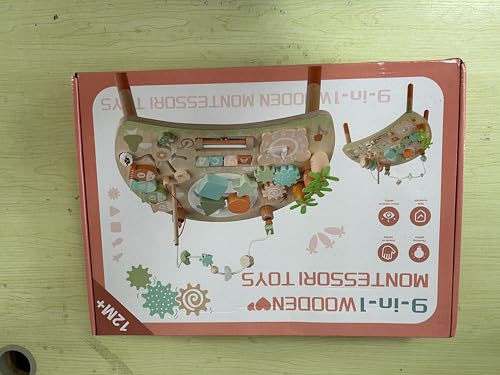Wooden baby activity table with shape sorter, bead maze, and fishing game for toddlers 12+ months, promotes sensory and motor skills.
