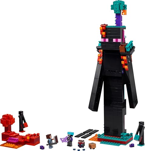 LEGO Minecraft 2in1 Enderman Tower toy set with mob figures and Nether Portal, featuring two fortress builds.