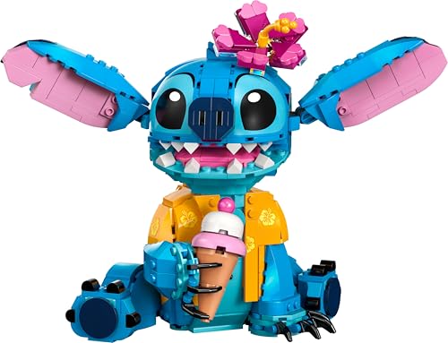 LEGO Disney Stitch toy figure holding an ice-cream cone and flower, ideal for fans of Lilo & Stitch, ages 9 and up.