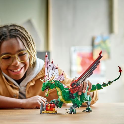 LEGO Creator 3in1 Medieval Dragon toy in green, with parts for transforming into a sea serpent or phoenix.