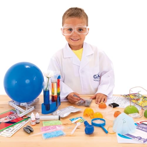Galt Giant Science Lab kit for kids with lab coat and guide book, featuring colorful science experiment tools for chemistry, biology, physics.
