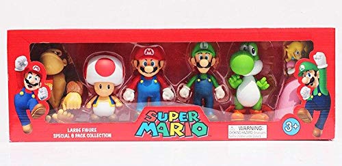 Nintendo Mario Super Large 6 Figure Box Set featuring Luigi, Donkey Kong, Yoshi, Toad, and Princess Peach characters.