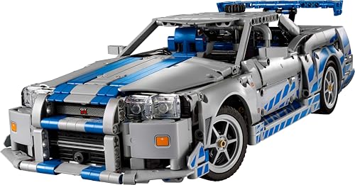 LEGO Technic Nissan Skyline GT-R (R34) model kit featuring drift function, steering, suspension, and 6-cylinder engine.