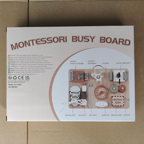 Joyreal wooden busy board for toddlers with sensory and fine motor activities, ideal as travel and Montessori educational toy.